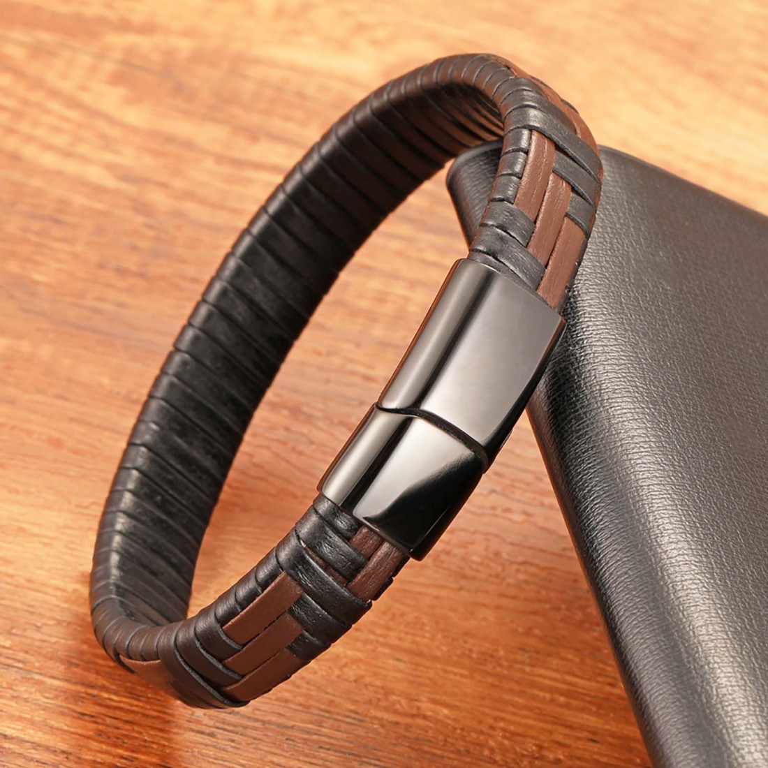 Kahve Ve Siyah Deri Örgü Ve Çelik Bileklik