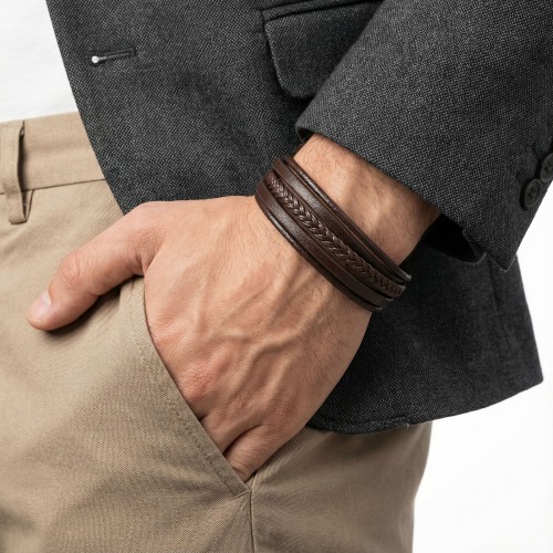 Kahverengi Çoklu Deri Bileklik Zamak Kilit