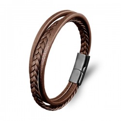 Kahverengi Deri Erkek Bileklik – Titanyum Çelik Manyetik Kilitli