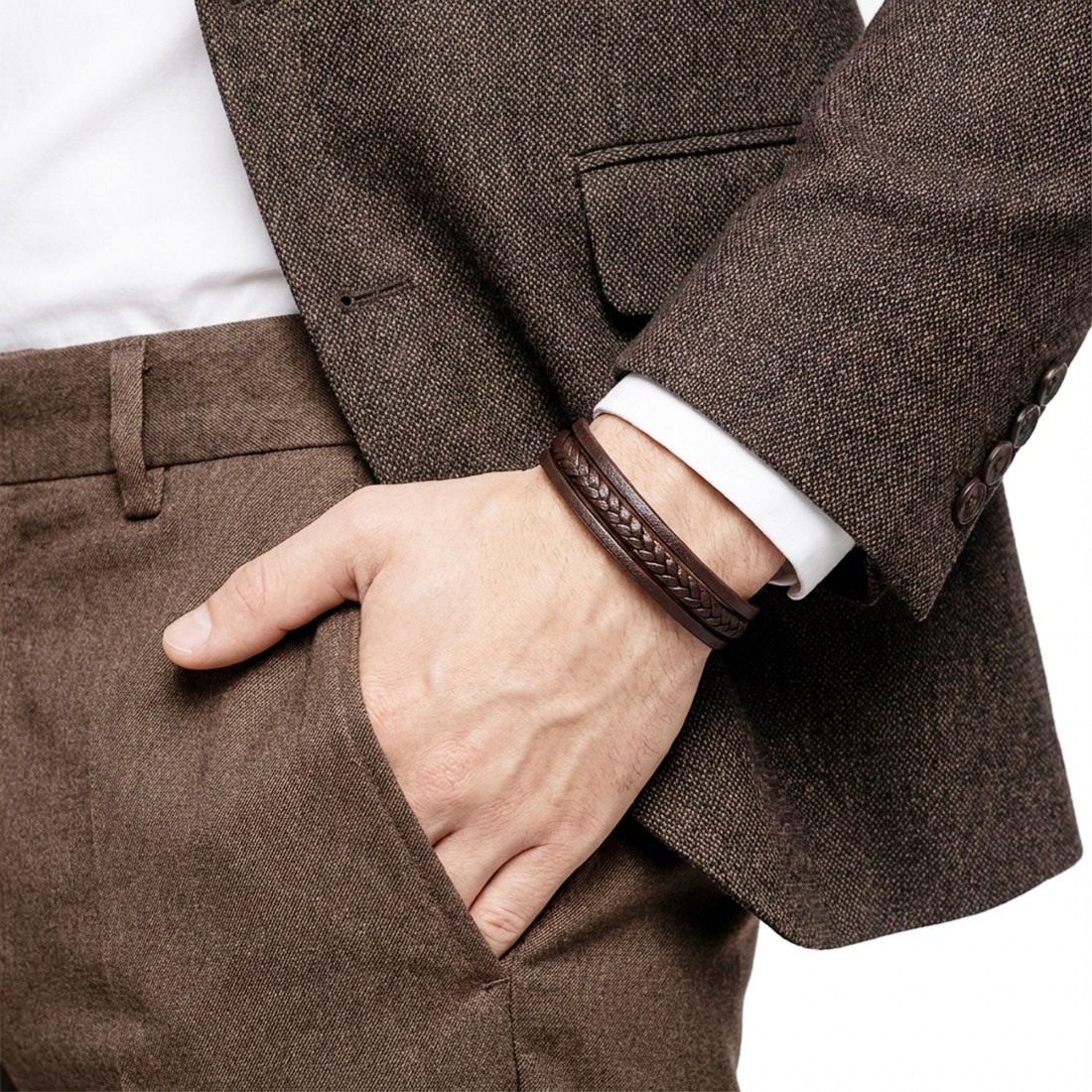 Kahverengi Deri Erkek Bileklik – Titanyum Çelik Manyetik Kilitli