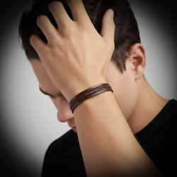 Kahverengi Deri Erkek Bileklik – Titanyum Çelik Manyetik Kilitli