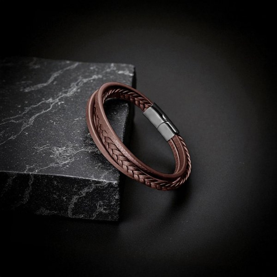 Kahverengi Deri Erkek Bileklik – Titanyum Çelik Manyetik Kilitli