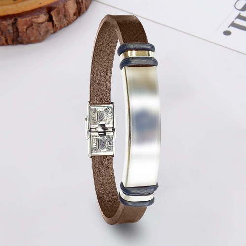 Kahverengi Deri & İsim Yazılabilir Bileklik Çelik Plaka Bileklik