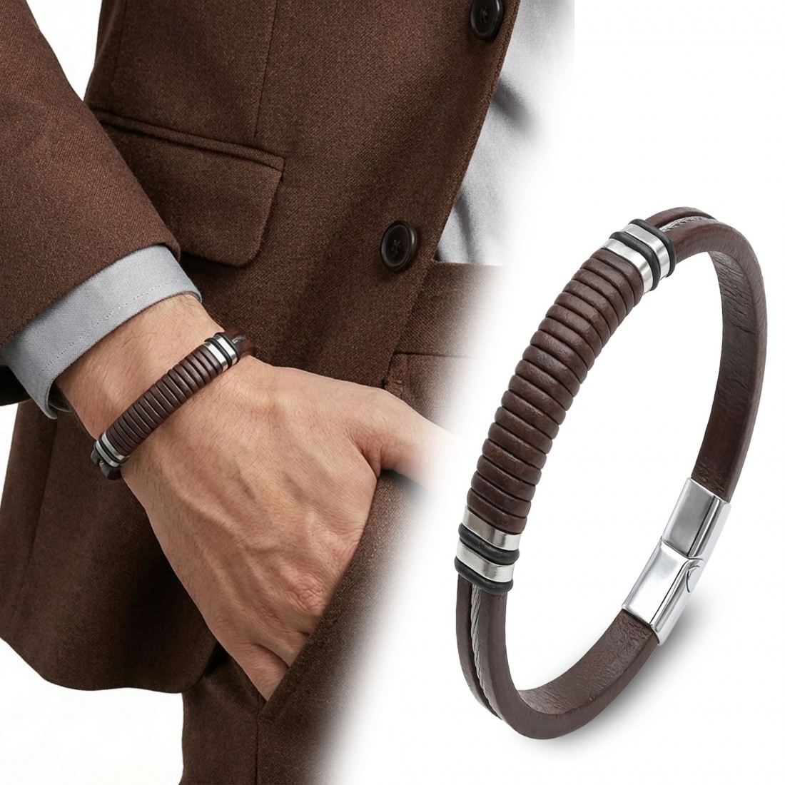 Kahverengi deri gövde, siyah segmentli orta bölüm ve 316L çelik detaylı toptan erkek bileklik