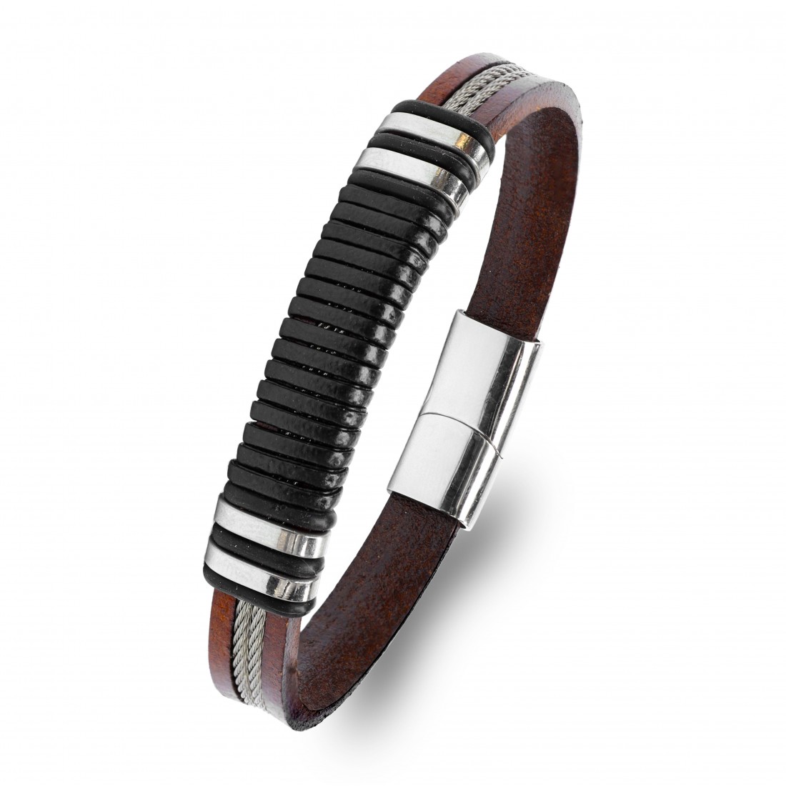 Kahverengi deri gövde, siyah segmentli orta bölüm ve 316L çelik detaylı toptan erkek bileklik