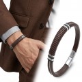 Kahverengi deri gövde, siyah segmentli orta bölüm ve 316L çelik detaylı toptan erkek bileklik