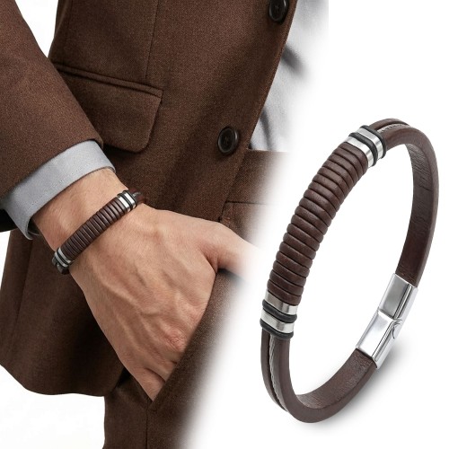 سوار رجالي من الجلد الطبيعي والفولاذ 316L — أسود/بني
