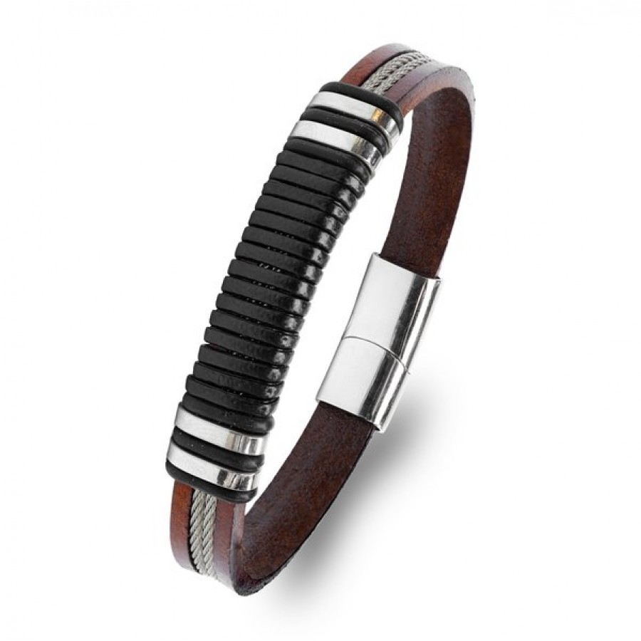 Kahverengi deri gövde, siyah segmentli orta bölüm ve 316L çelik detaylı toptan erkek bileklik