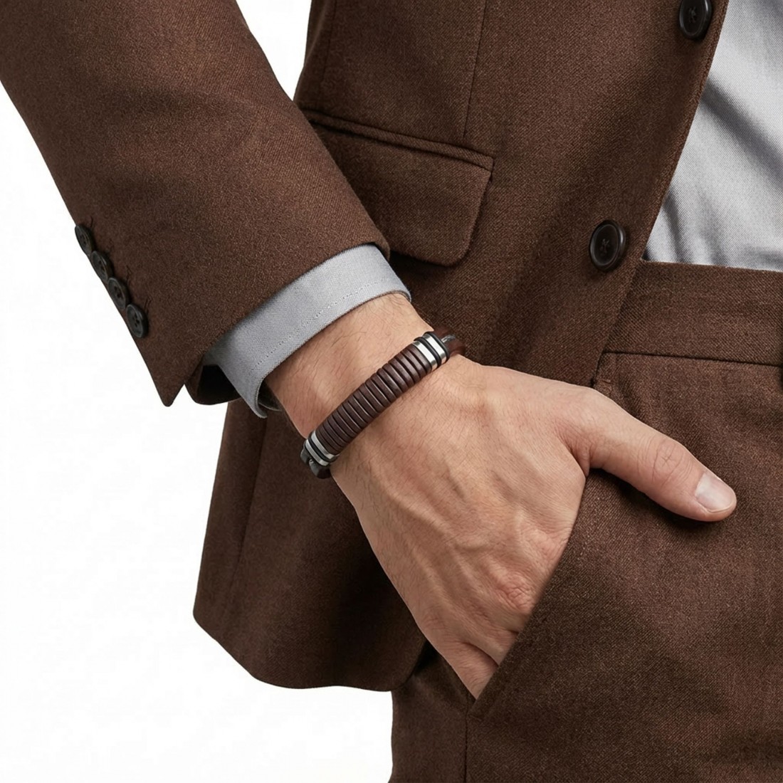 Kahverengi deri gövde, siyah segmentli orta bölüm ve 316L çelik detaylı toptan erkek bileklik