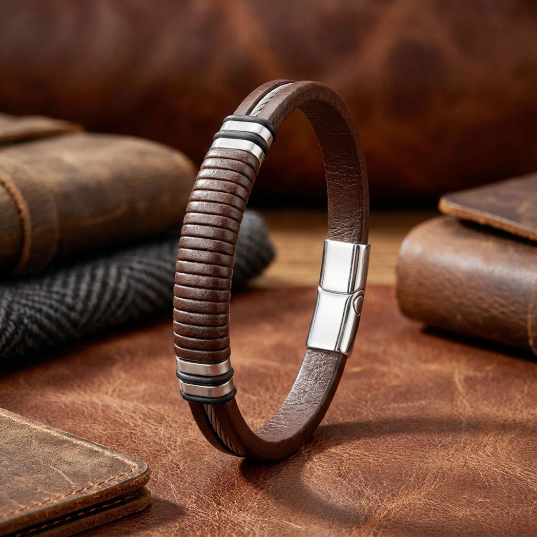Kahverengi deri gövde, siyah segmentli orta bölüm ve 316L çelik detaylı toptan erkek bileklik
