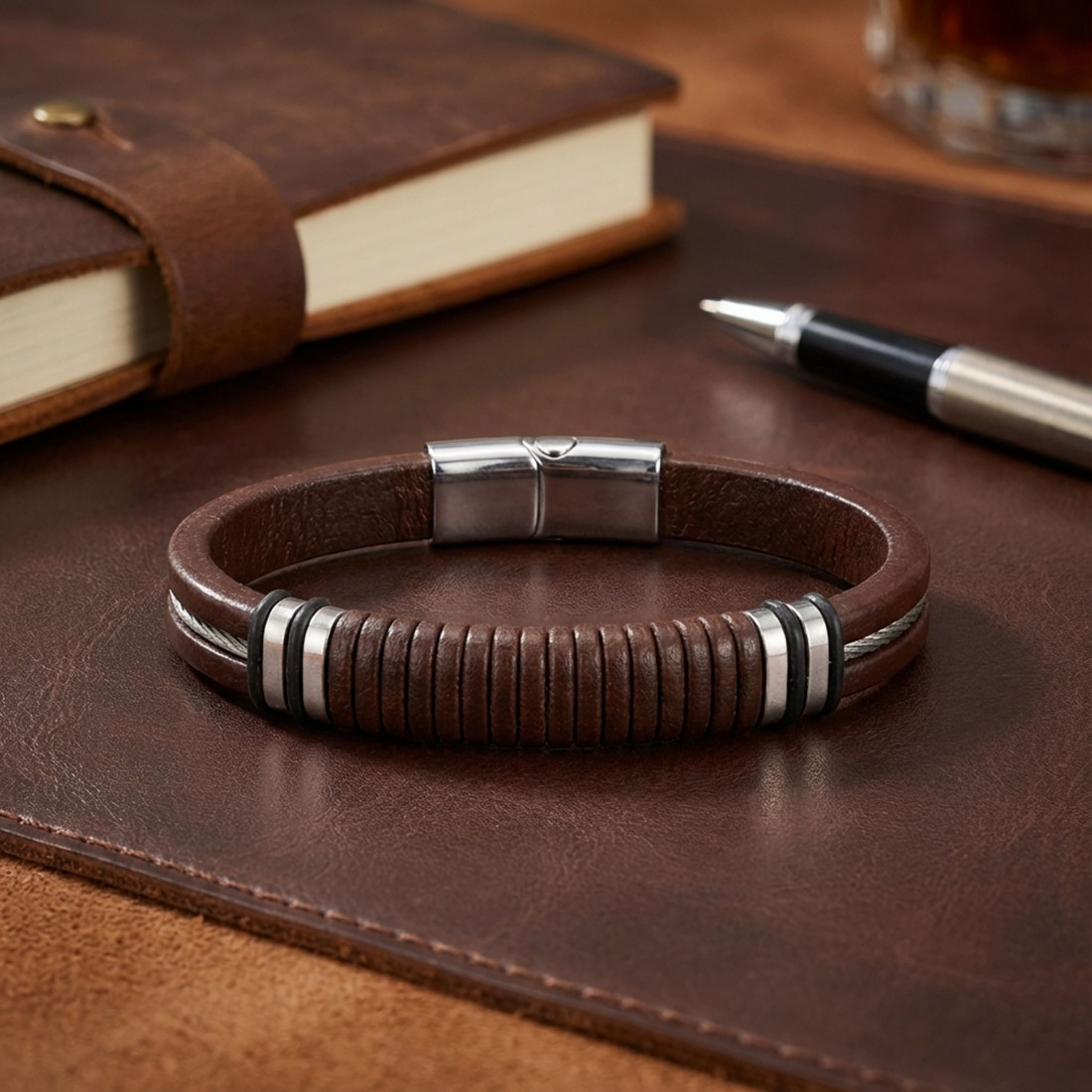Kahverengi deri gövde, siyah segmentli orta bölüm ve 316L çelik detaylı toptan erkek bileklik
