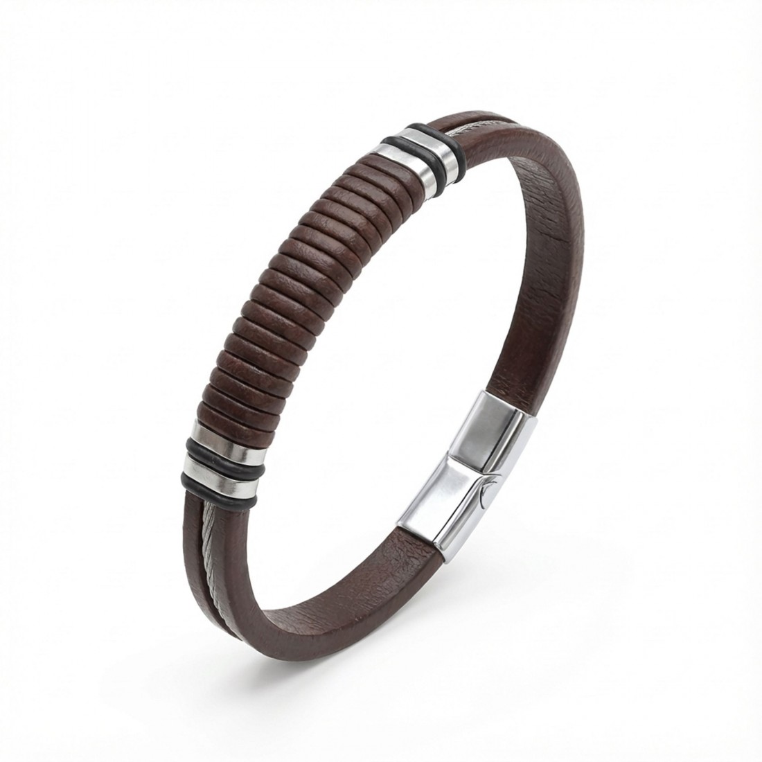 Kahverengi deri gövde, siyah segmentli orta bölüm ve 316L çelik detaylı toptan erkek bileklik