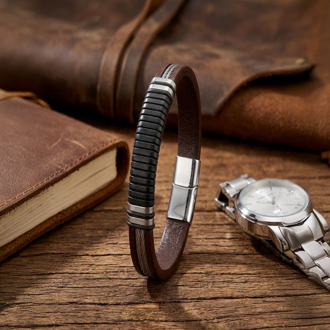 Kahverengi deri gövde, siyah segmentli orta bölüm ve 316L çelik detaylı toptan erkek bileklik