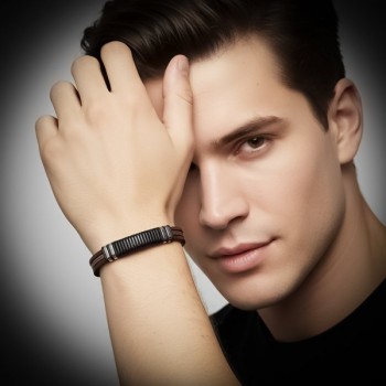 Kahverengi Deri ve 316L Halat Çelik Erkek Bileklik