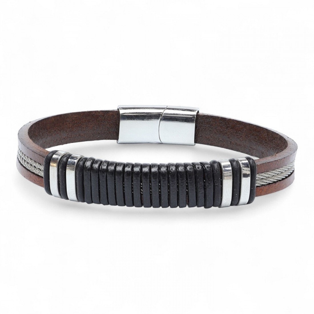 Kahverengi deri gövde, siyah segmentli orta bölüm ve 316L çelik detaylı toptan erkek bileklik