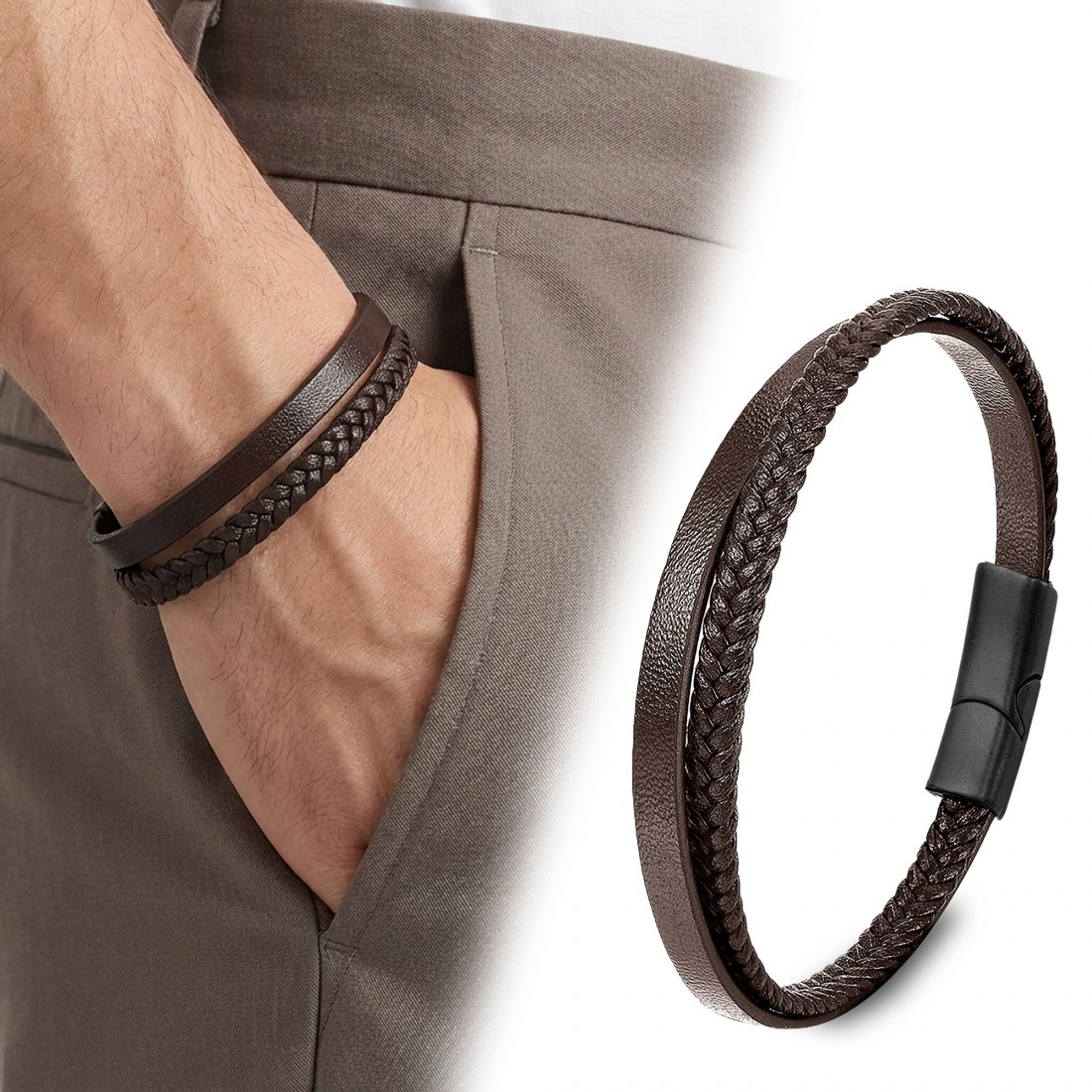 Kahverengi Deri Ve Saç Örgü İkili Çoklu Çelik Bileklik