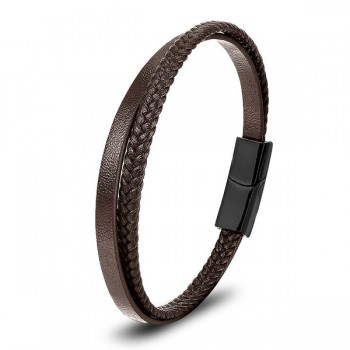 Kahverengi Deri Ve Saç Örgü İkili Çoklu Çelik Bileklik