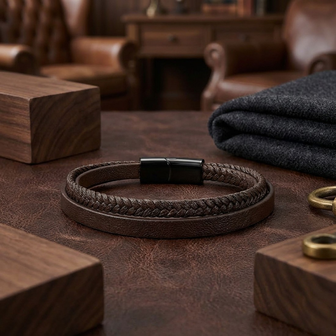 Kahverengi Deri Ve Saç Örgü İkili Çoklu Çelik Bileklik