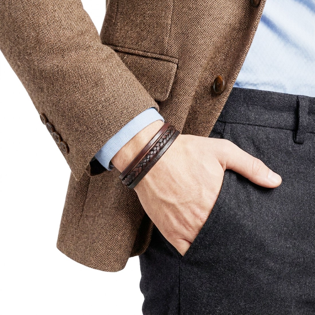 Kahverengi Siyah Deri Erkek Bileklik – Titanyum Çelik Manyetik Kilitli