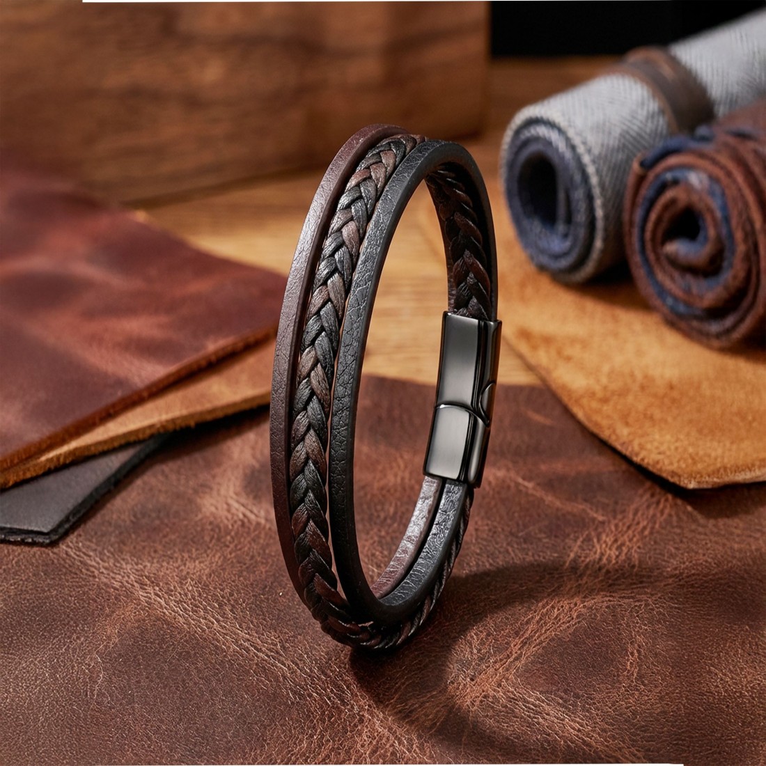 Kahverengi Siyah Deri Erkek Bileklik – Titanyum Çelik Manyetik Kilitli