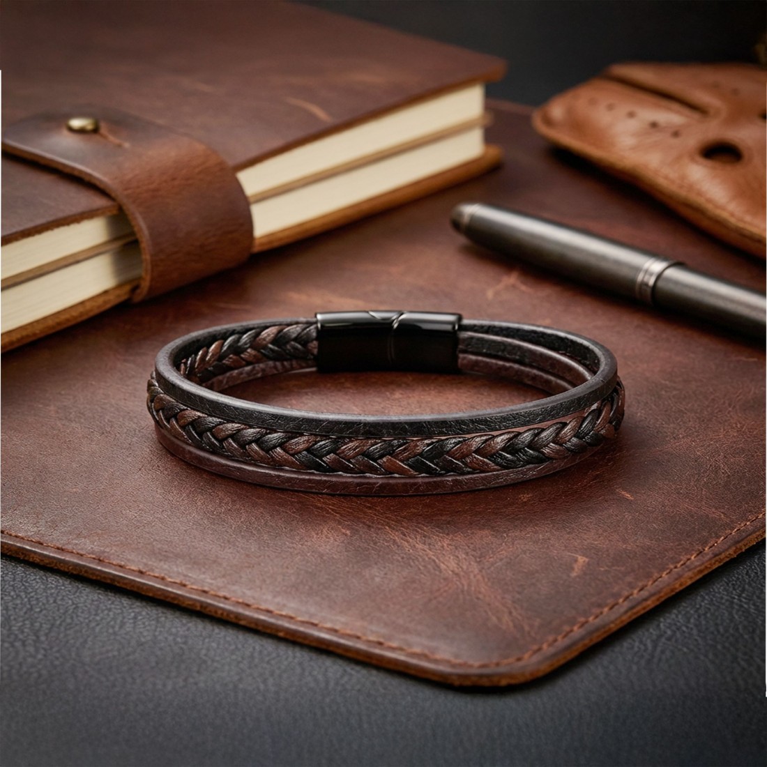 Kahverengi Siyah Deri Erkek Bileklik – Titanyum Çelik Manyetik Kilitli