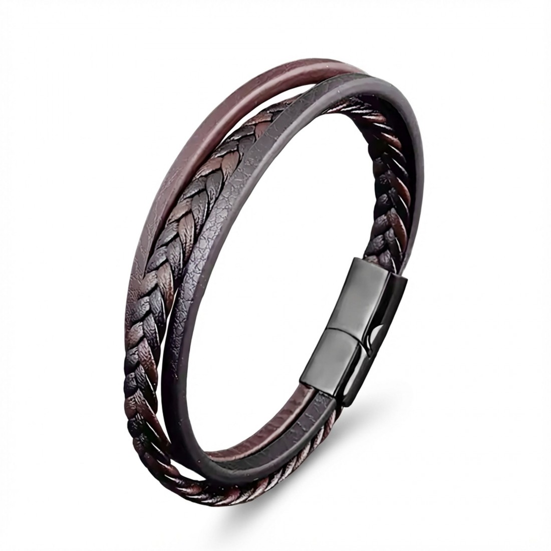 Kahverengi Siyah Deri Erkek Bileklik – Titanyum Çelik Manyetik Kilitli