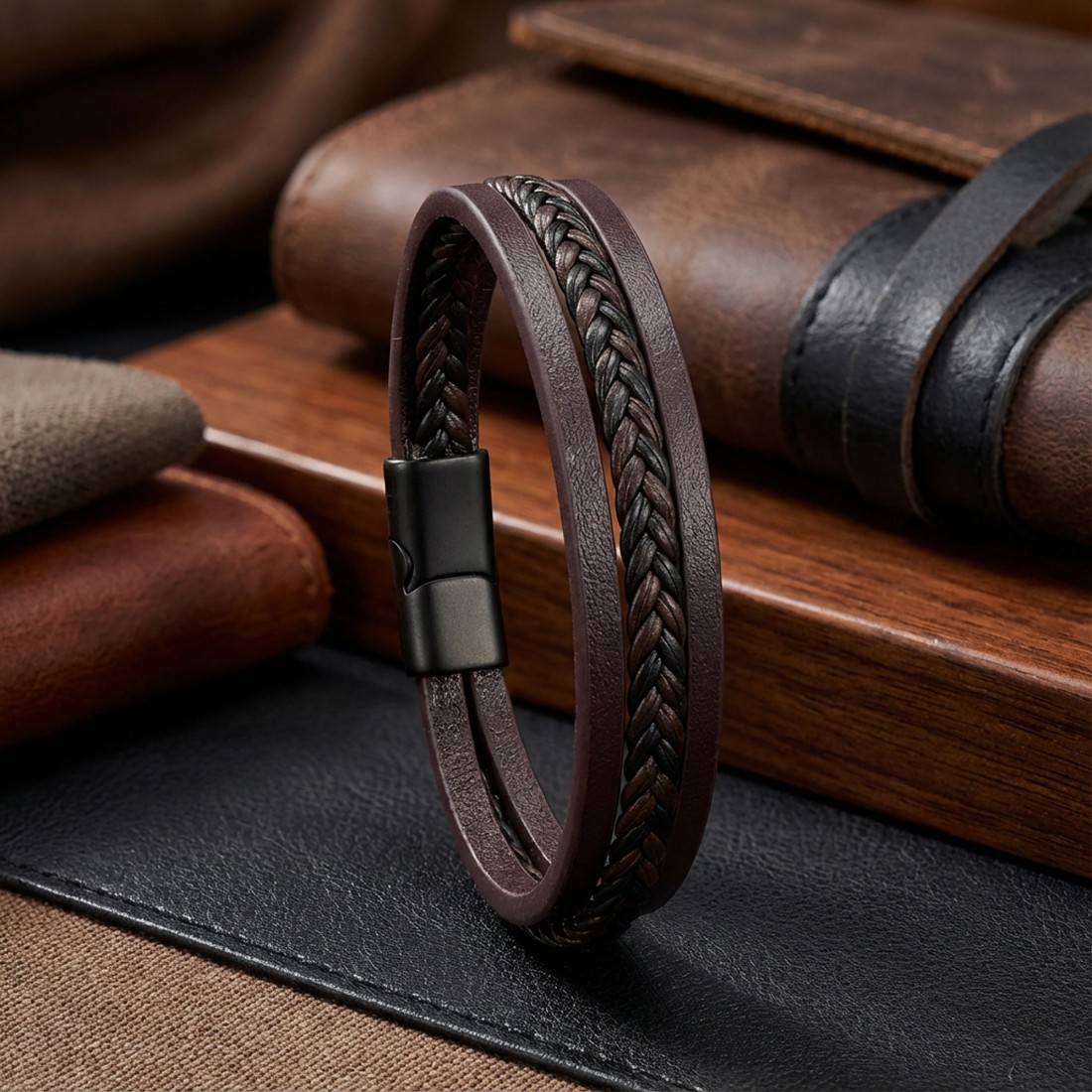 Kahverengi Siyah Saç Örgü Ve Çelik Bileklik