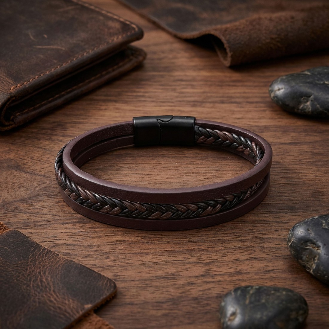 Kahverengi Siyah Saç Örgü Ve Çelik Bileklik