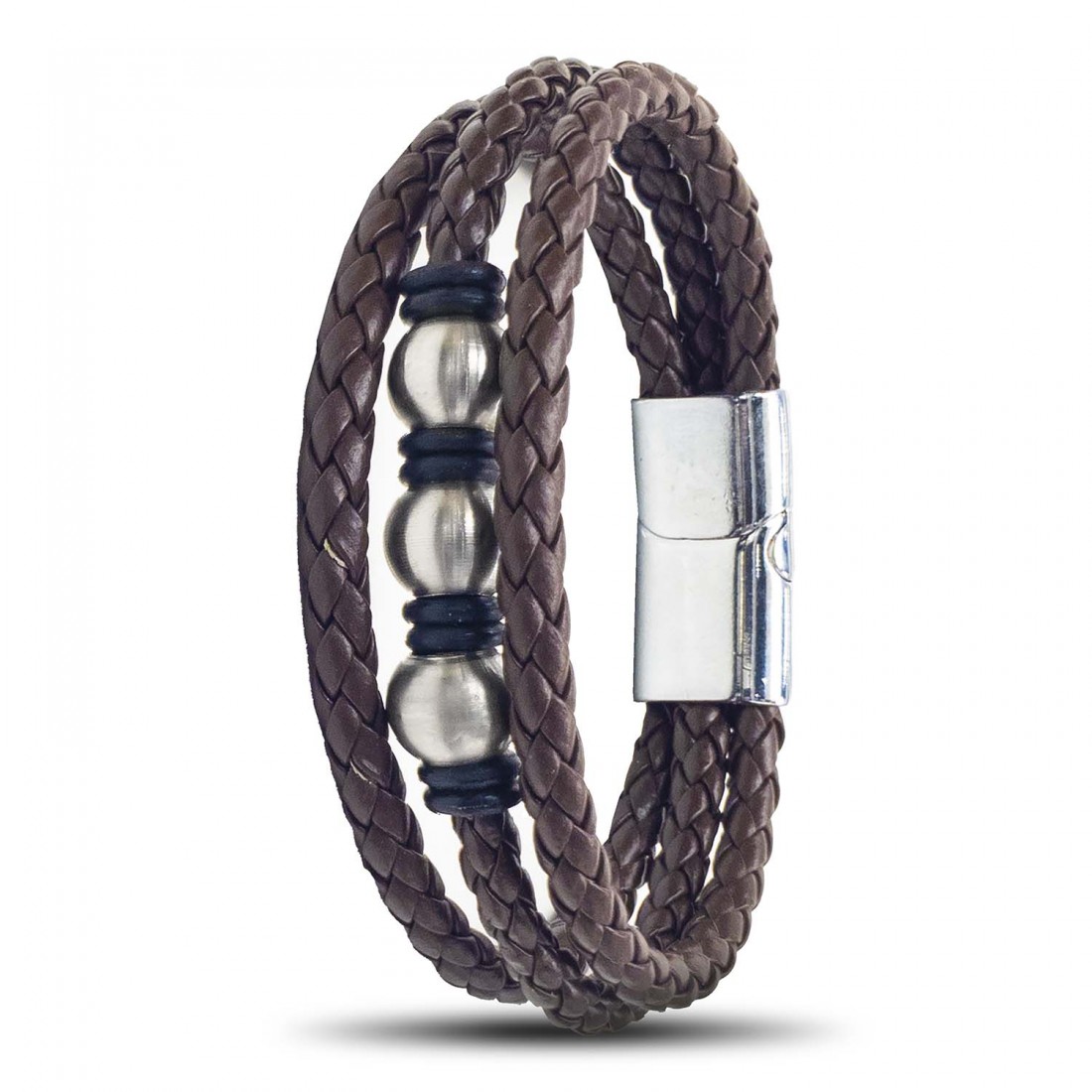 Kahverengi Tüp Örgü Çoklu Deri Ve Top Çelik Bileklik