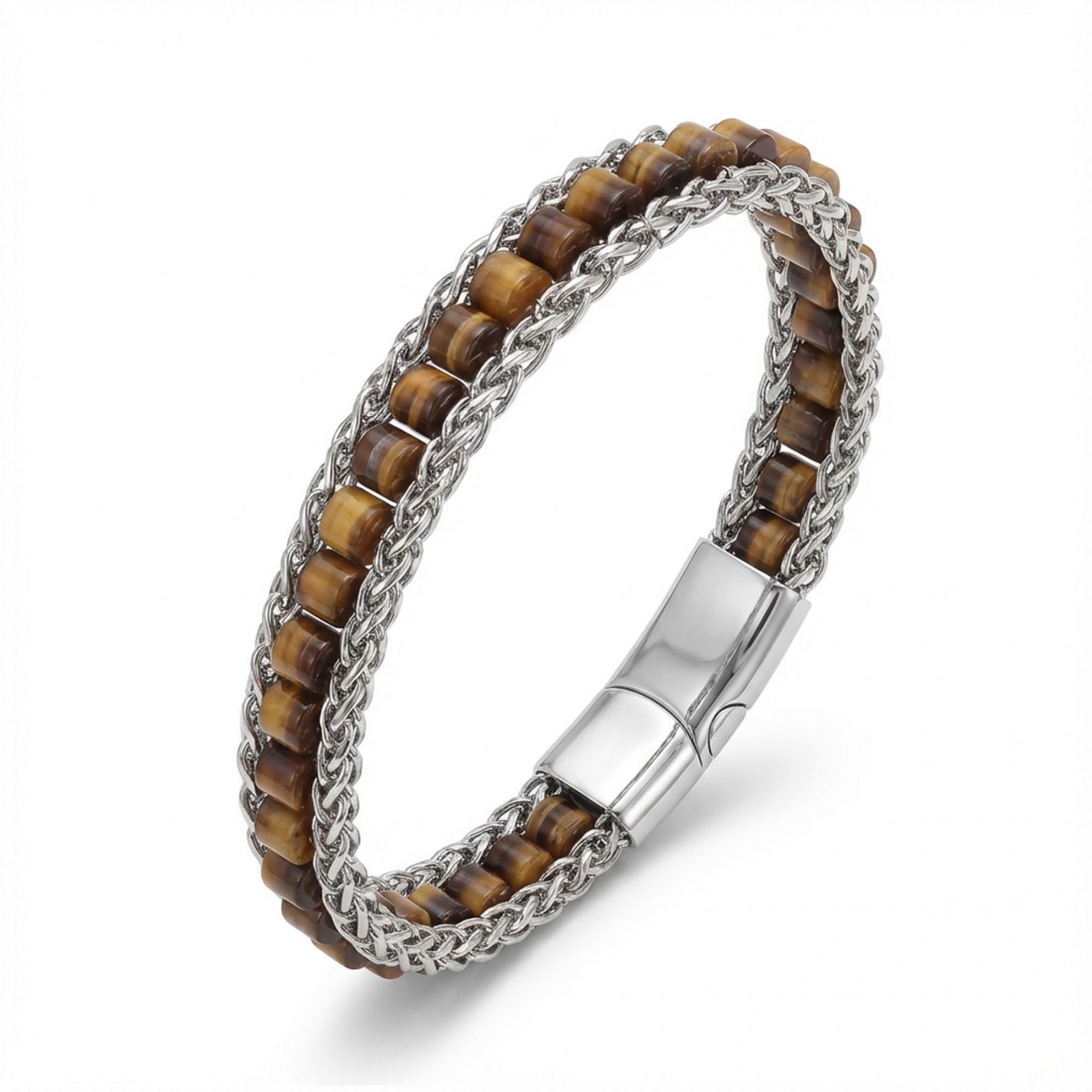 Kaplan Gözü Doğal Taşlı Hasır Örgü Zincirli Erkek Çelik Bileklik