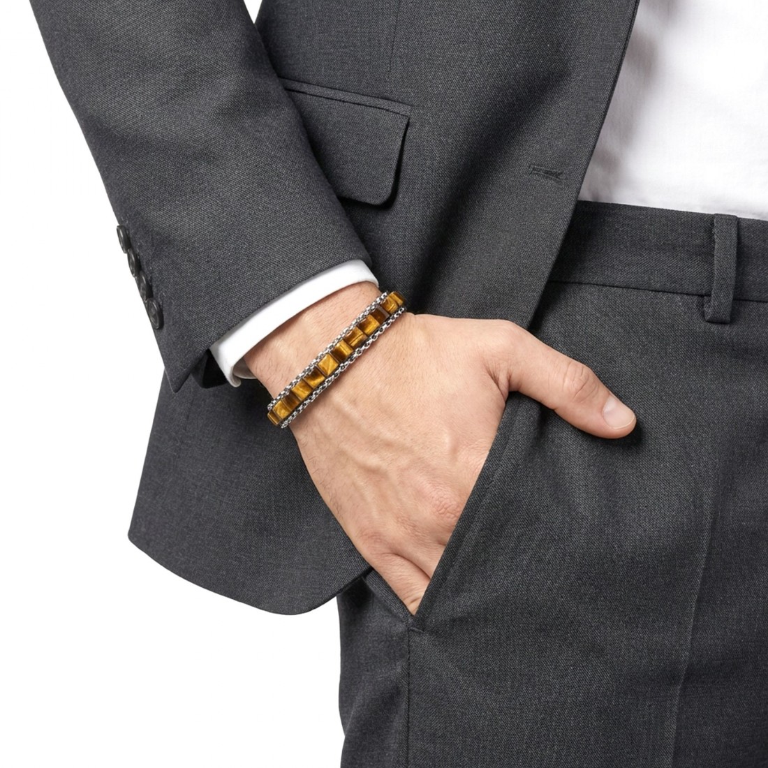 Kaplan Gözü Doğal Taşlı Hasır Örgü Zincirli Erkek Çelik Bileklik