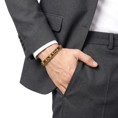 Kaplan Gözü Doğal Taşlı Hasır Örgü Zincirli Erkek Çelik Bileklik