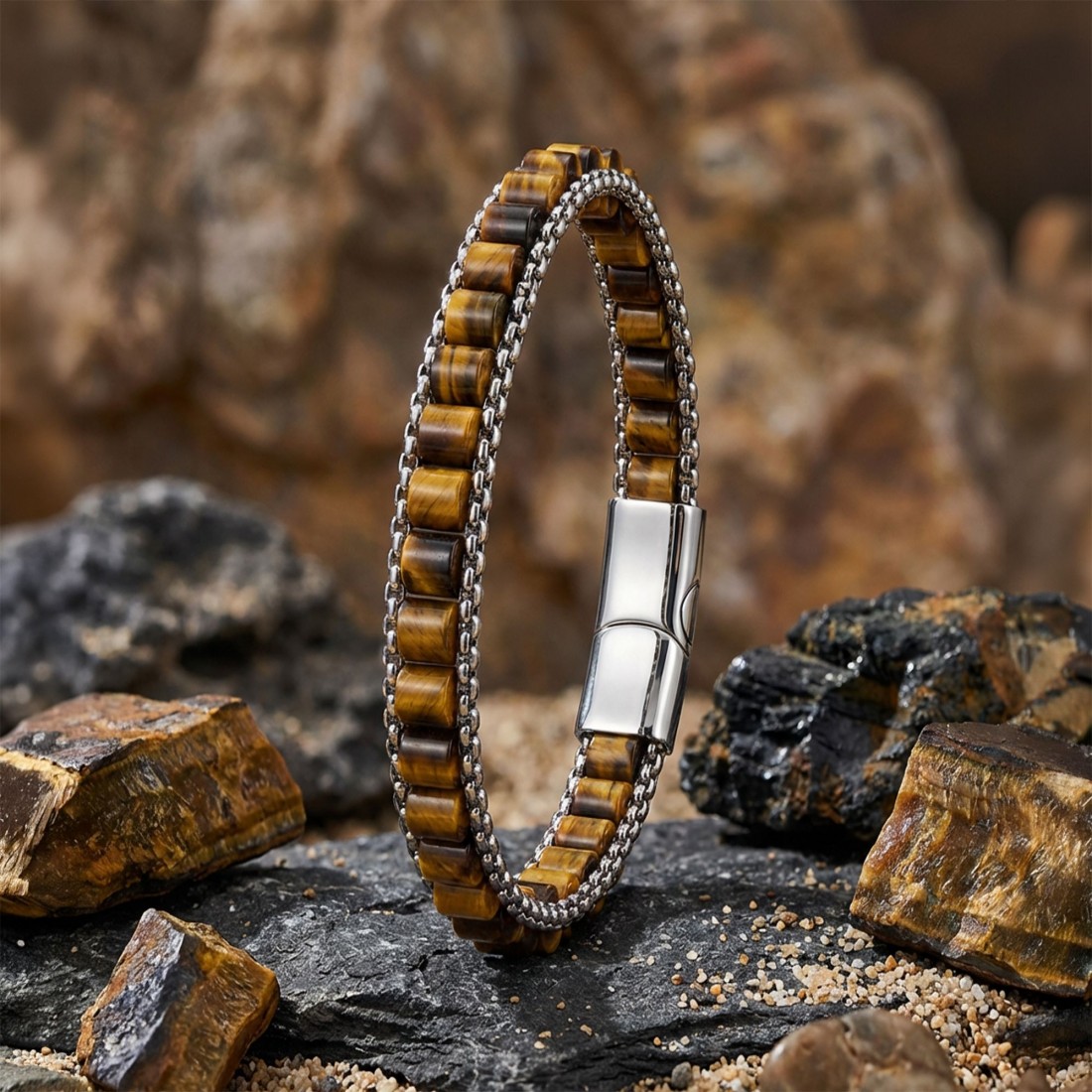 Kaplan Gözü Doğal Taşlı Hasır Örgü Zincirli Erkek Çelik Bileklik