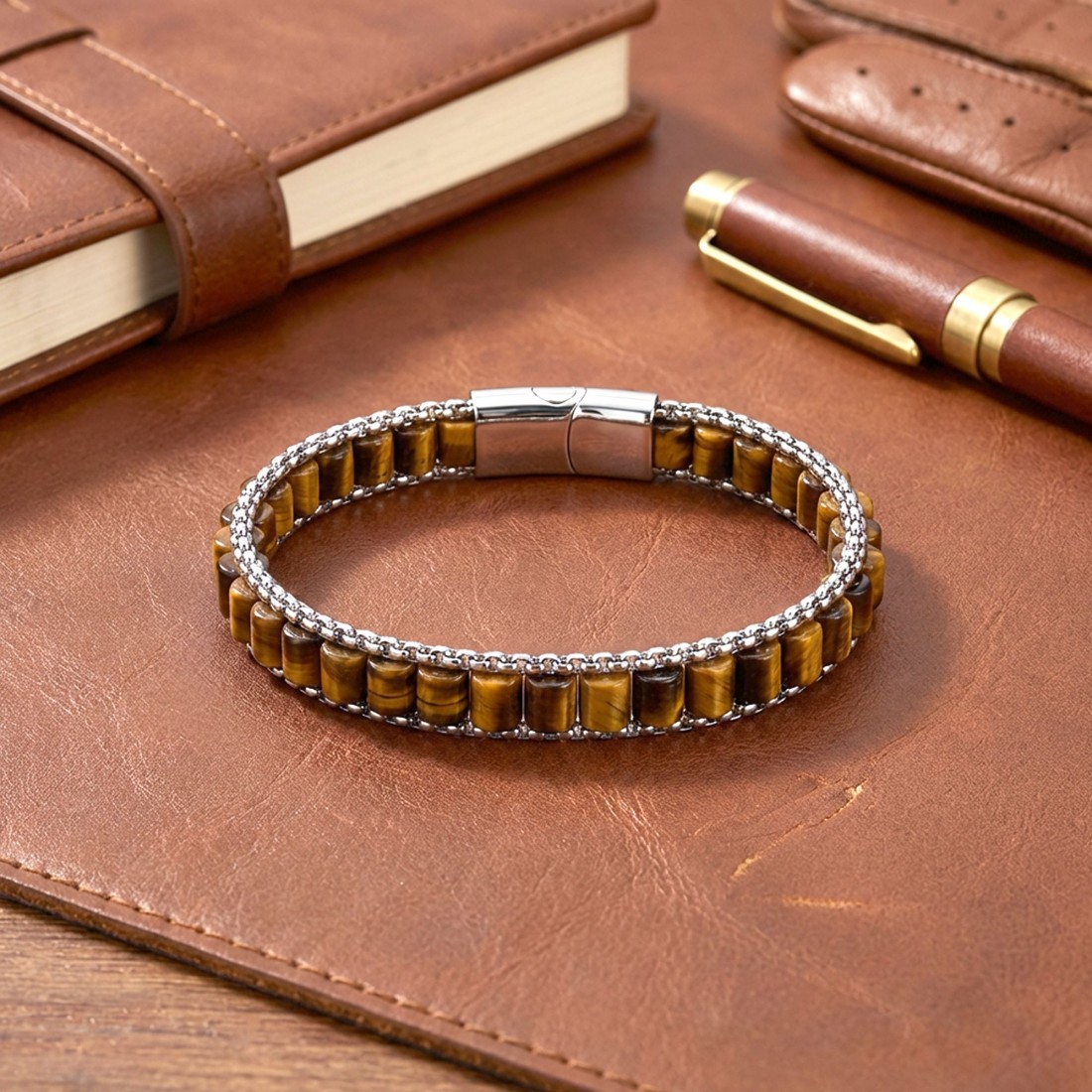 Kaplan Gözü Doğal Taşlı Hasır Örgü Zincirli Erkek Çelik Bileklik