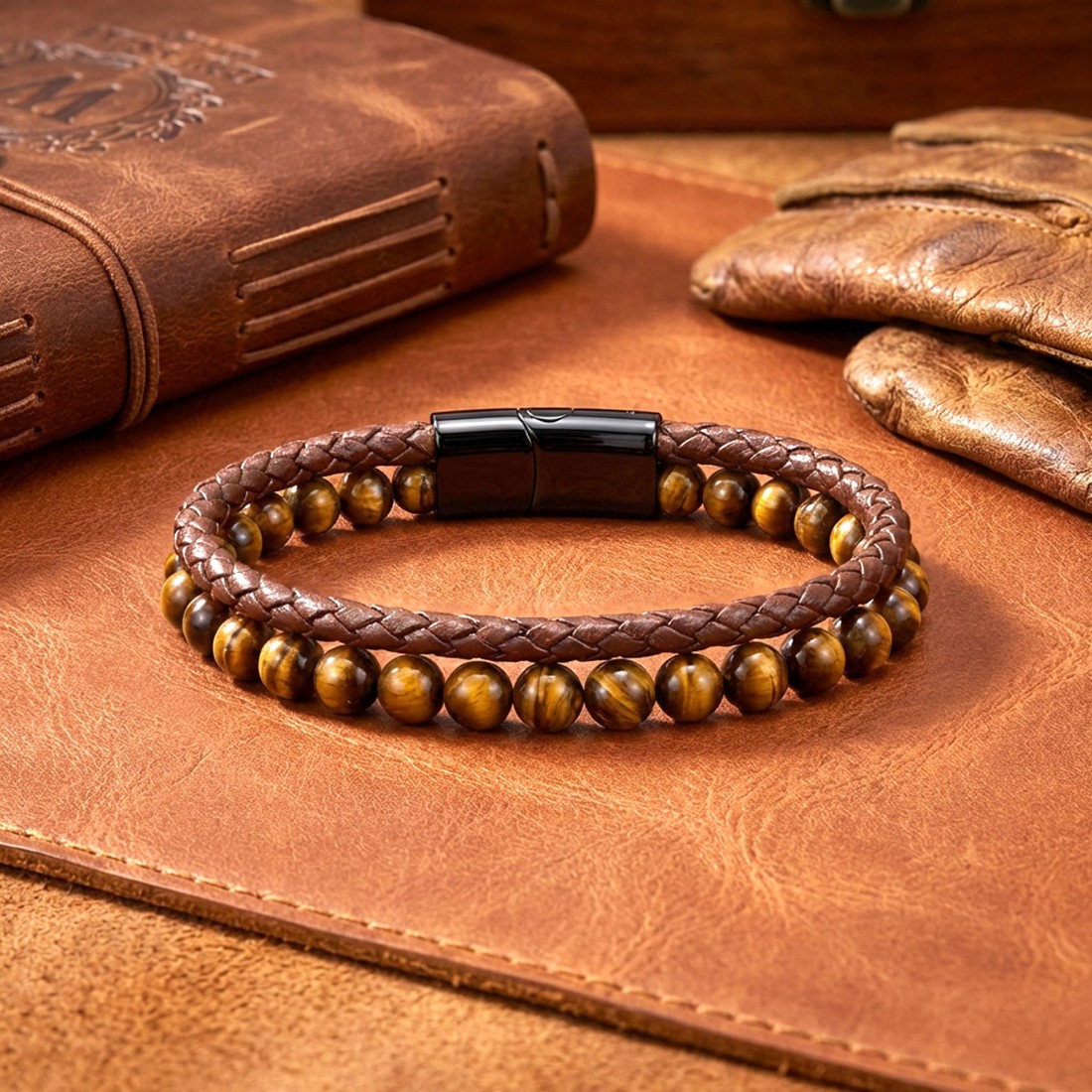 Kaplan Gözü Doğaltaş Deri Erkek Bileklik