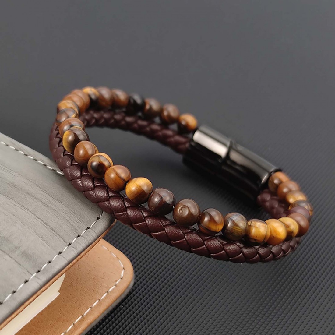 Kaplan Gözü Doğaltaş Deri Erkek Bileklik