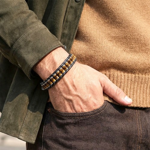 Kaplan Gözü & Hematit Çelik Örgülü Deri Bileklik