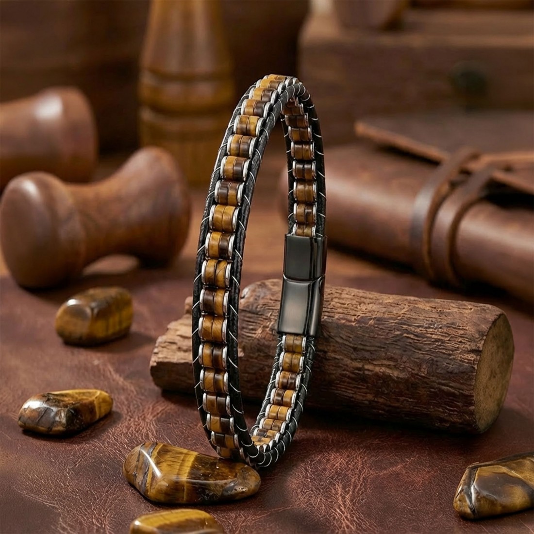 Kaplan Gözü & Hematit Çelik Örgülü Deri Bileklik