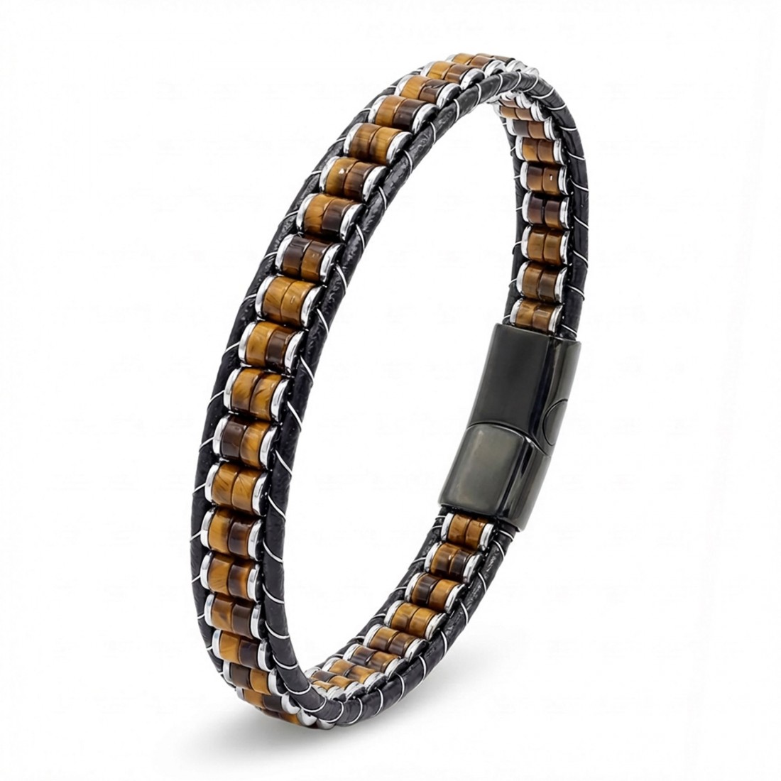 Kaplan Gözü & Hematit Çelik Örgülü Deri Bileklik