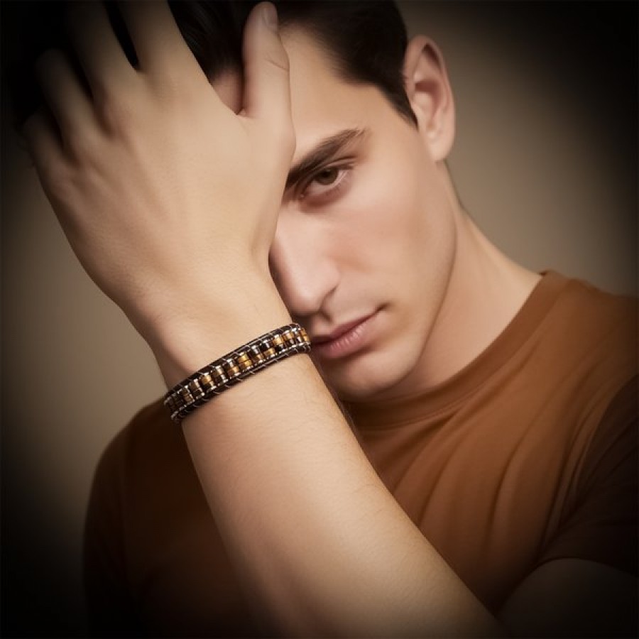 Kaplan Gözü & Hematit Çelik Örgülü Deri Bileklik