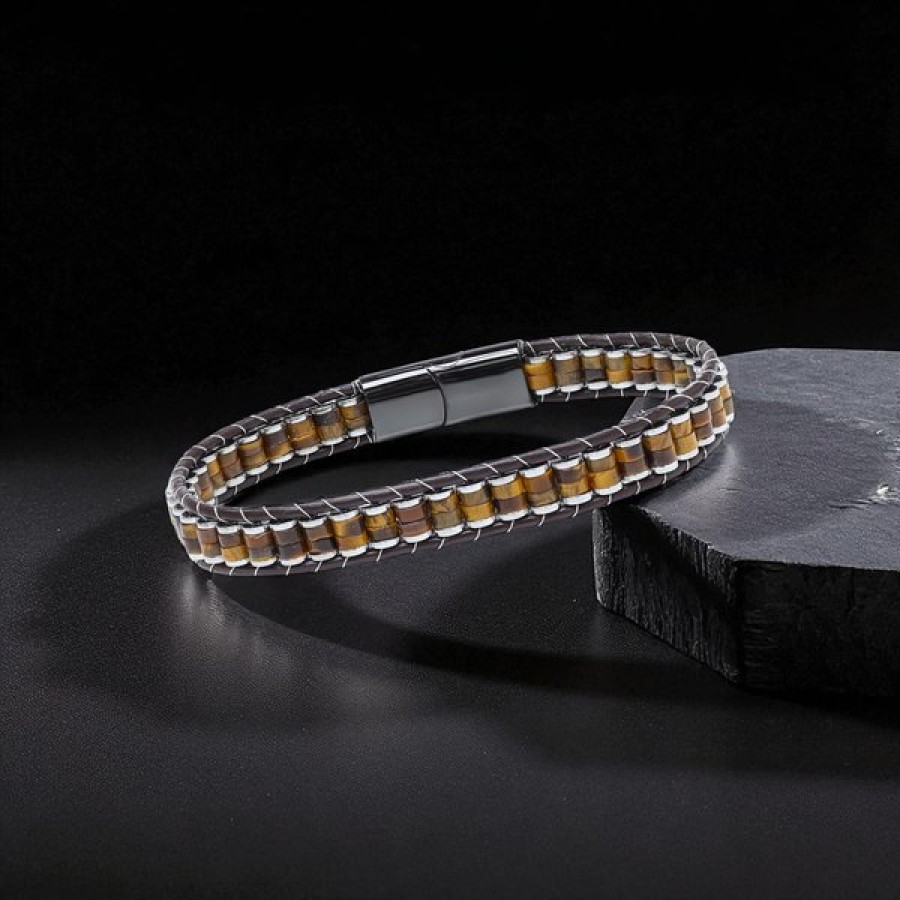 Kaplan Gözü & Hematit Çelik Örgülü Deri Bileklik