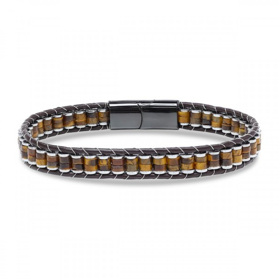 Kaplan Gözü & Hematit Çelik Örgülü Deri Bileklik