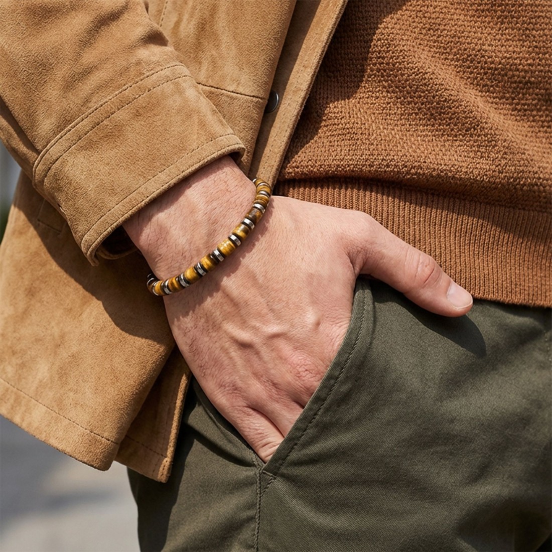 Kaplan Gözü & Silver Hematit Taşlı Ayarlanabilir Çelik Zincir Erkek Bileklik