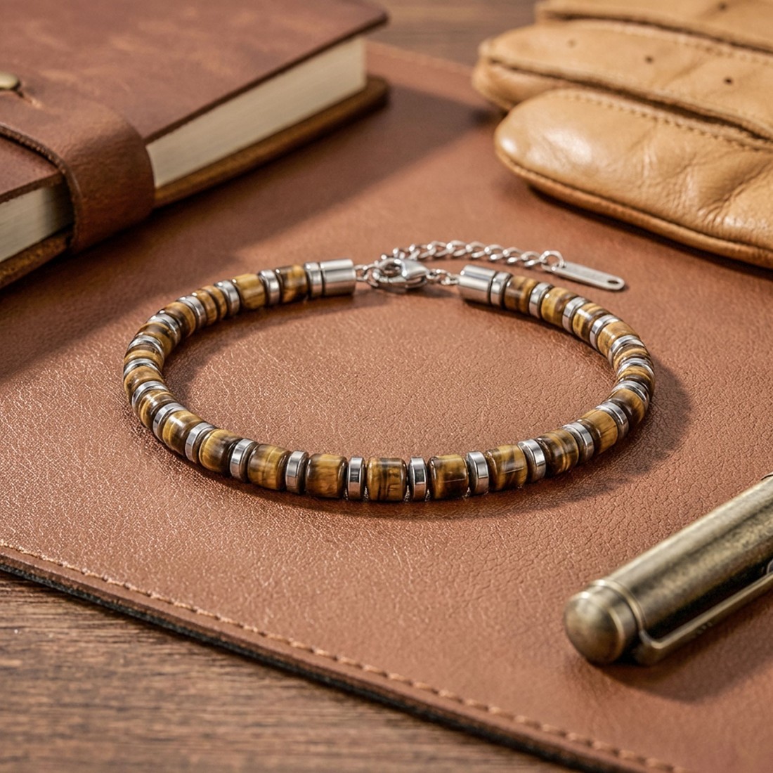 Kaplan Gözü & Silver Hematit Taşlı Ayarlanabilir Çelik Zincir Erkek Bileklik