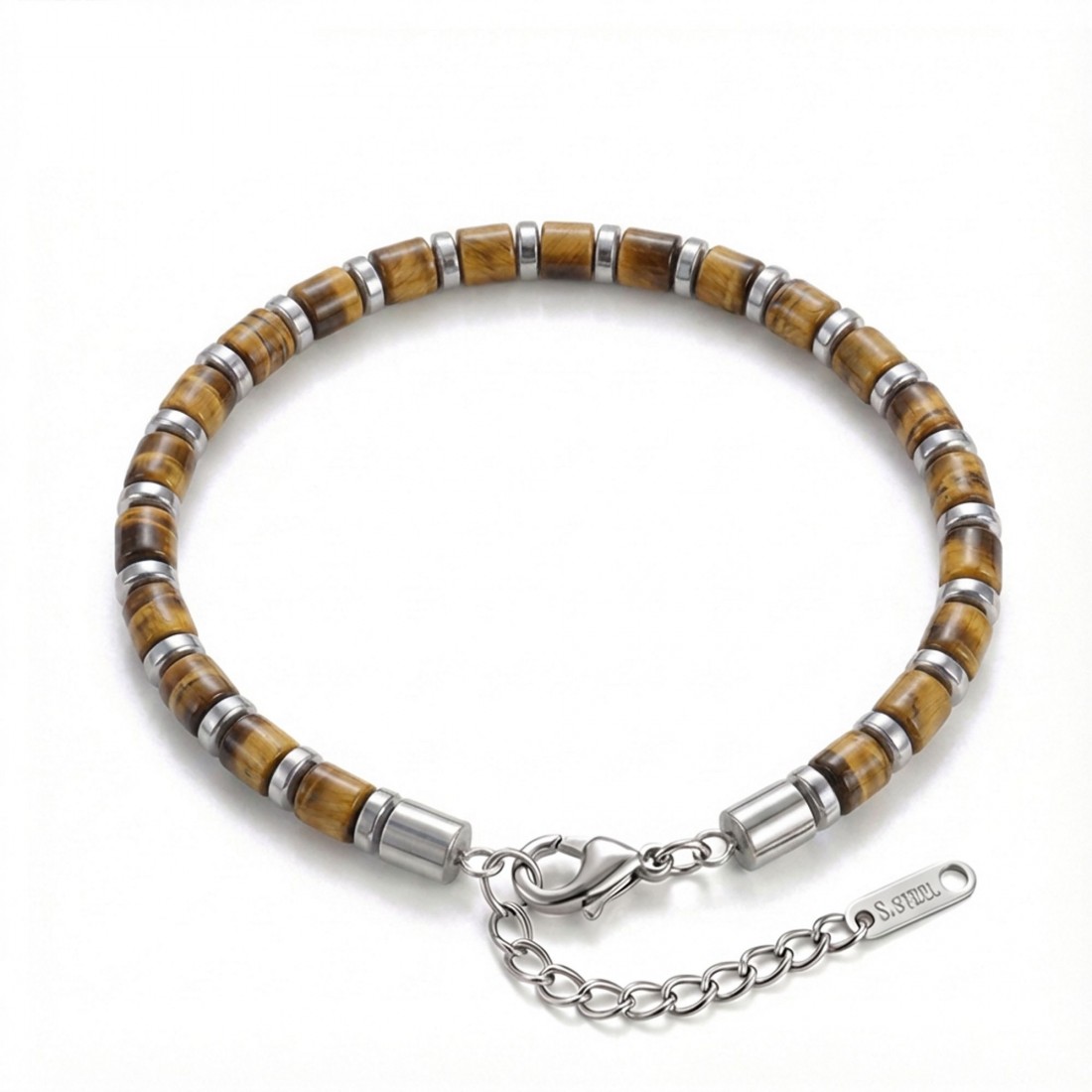 Kaplan Gözü & Silver Hematit Taşlı Ayarlanabilir Çelik Zincir Erkek Bileklik