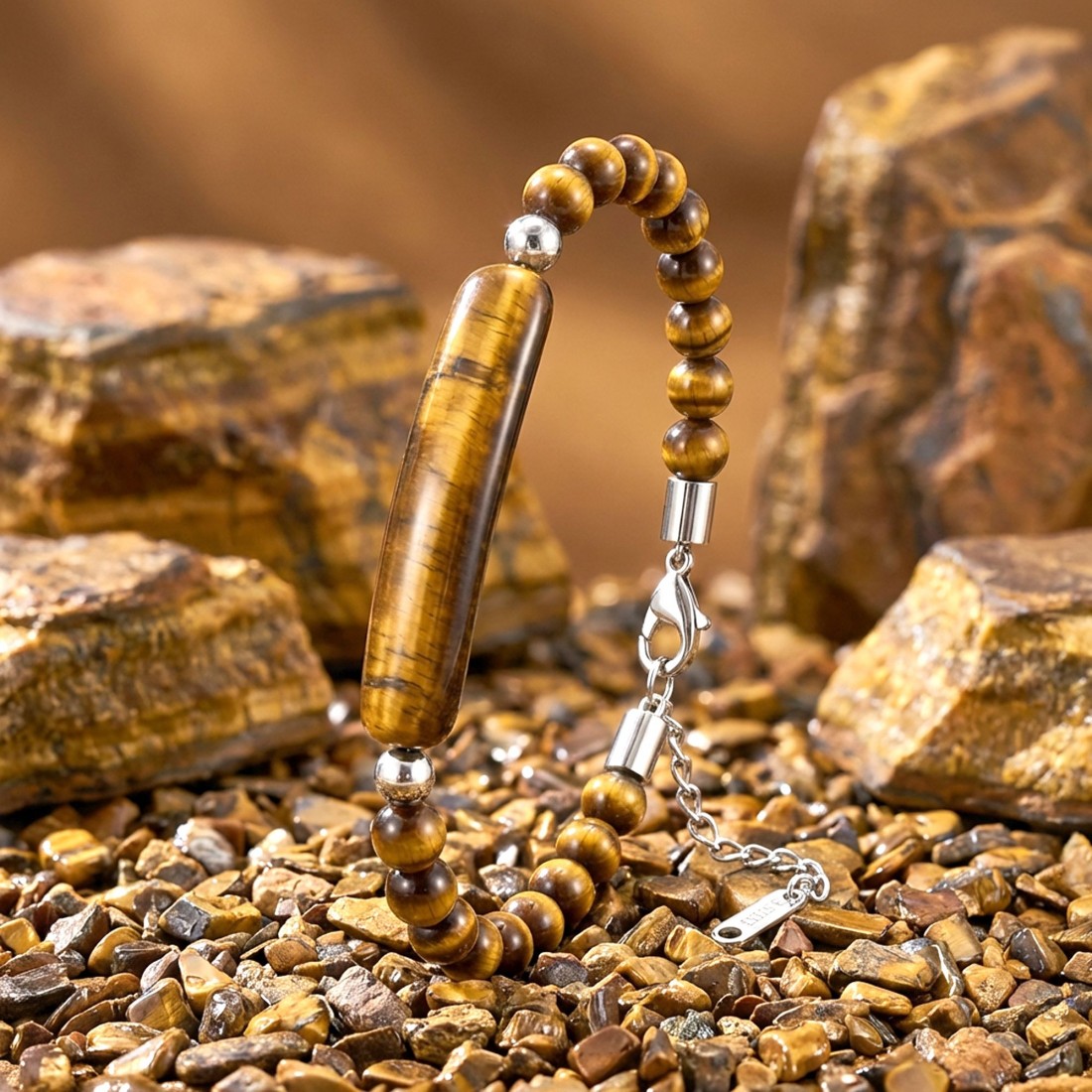 Kaplan Gözü Taşlı Çelik Halat Ve Çelik Klipsli Bileklik