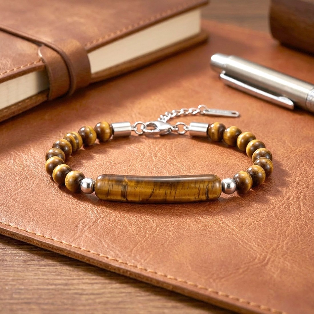 Kaplan Gözü Taşlı Çelik Halat Ve Çelik Klipsli Bileklik