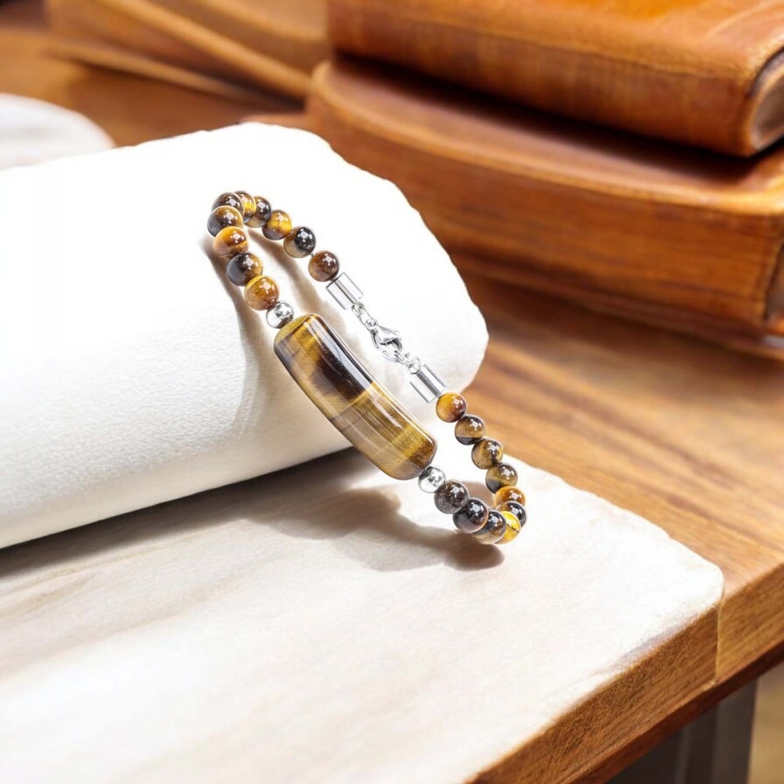 Kaplan Gözü Taşlı Çelik Halat Ve Çelik Klipsli Bileklik