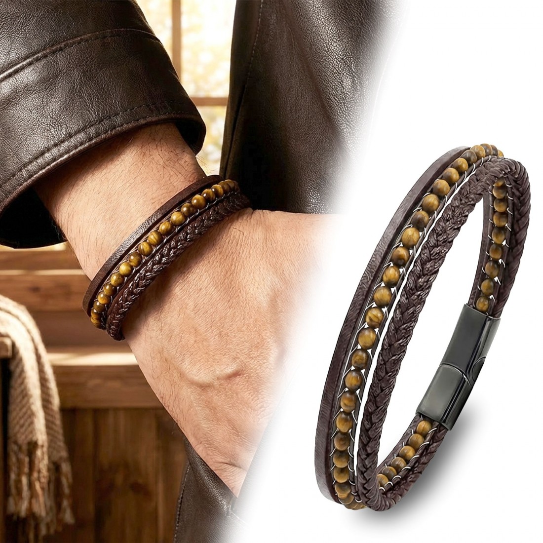 Kaplan Gözü Doğaltaş Ve Deri Bileklik