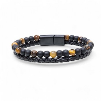 Tiger Eye and Onyx Natural Stone Leather Steel Bracelet